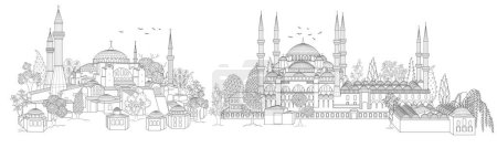 Illustration for Hagia Sophia and Blue Mosque domes and minarets in the old city of Istanbul. Turkey's turning point. vector illustration - Royalty Free Image