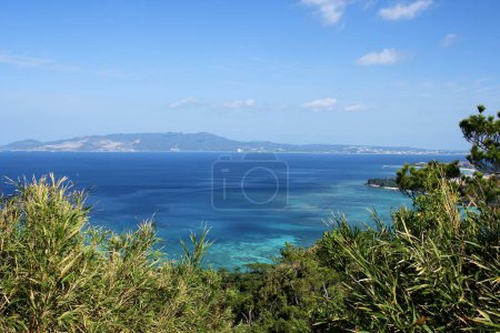 Foto de Aguas tropicales prístinas y exuberante vegetación verde de la bahía de Nago, Okinawa, Japón. - Imagen libre de derechos