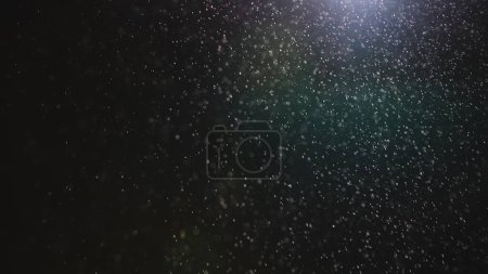 Foto de Partículas de polvo natural flotando sobre fondo negro con luz. Partículas brillantes en el aire con efecto bokeh. Macro shot de textura blanca nieve, humo, vapor, niebla con luminosidad deslumbrante - Imagen libre de derechos