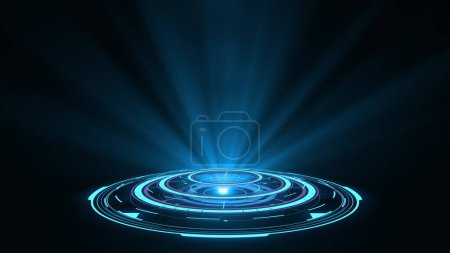 3D rendering blue round hologram emitting rays of light. Futuristic Sci-fi interface. Glow portal. Astral. Technology background. Good for tech title and background, news headline business intro