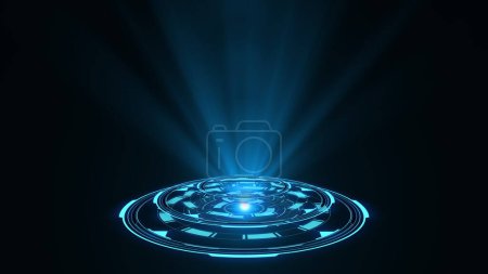 Téléchargez les photos : 3D rendant bleu rond hologramme émettant des rayons de lumière. Interface futuriste de science-fiction. Portail lumineux. Astral. Contexte technologique. Bon pour le titre et l'arrière-plan de technologie, intro d'affaires de titre de nouvelles - en image libre de droit