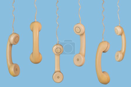 Photo for Many old telephone handsets from rotary landlines hanging from cords on blue background. Plastic grey removed receiver from retro phone with cable. Concept of communication, conversation, connection - Royalty Free Image