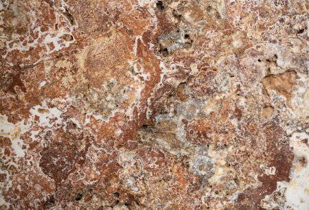 Photo for Macro shot of a granite or marble stone structure with brown white marbling and spots. Marble stone surface with texture pattern. Marble countertop, tile, path, wall. Facing stone with marbled spotted - Royalty Free Image