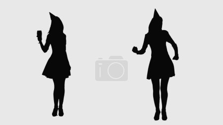 Téléchargez les photos : Silhouette noire d'une femme en robe et casquette de fête avec boisson et danse à la fête. 2 en 1 Collage vue de face sur fond blanc. Concept de vacances, anniversaire, fête, danse et plaisir - en image libre de droit