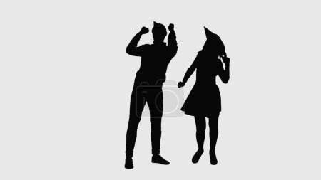 Téléchargez les photos : Silhouette noire de femme et d'homme en casquettes festives, s'amusant à danser à la fête. 2 en 1 Collage vue de face sur fond blanc. Concept de vacances, anniversaire, fête, danse et plaisir - en image libre de droit