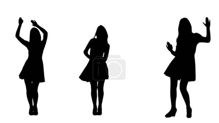 Téléchargez les photos : Silhouette noire d'une femme en robe dansant joyeusement lors d'une fête festive. 3 en 1 Collage vue de face pleine longueur sur fond blanc. Concept de vacances, anniversaire, fête, danse et plaisir - en image libre de droit
