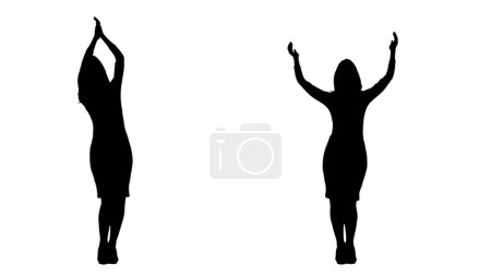 Téléchargez les photos : Silhouette noire d'une femme en robe dansant et battant des mains lors d'une fête festive. 2 en 1 Collage vue de face sur fond blanc. Concept de vacances, anniversaire, fête, danse et plaisir - en image libre de droit