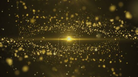 Photo for Two waves of gold dust. Background of sparkling golden dust bokeh with beam of light in the center on black background. Shiny golden stars, glow glitter particles, confetti. Festive background for - Royalty Free Image