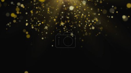 Photo for Golden particles of bokeh sparkle in light beam. Shiny glitter particles on a black background. Glowing stars, blurred confetti effect. Gold dust background for presentations. Festive background for - Royalty Free Image