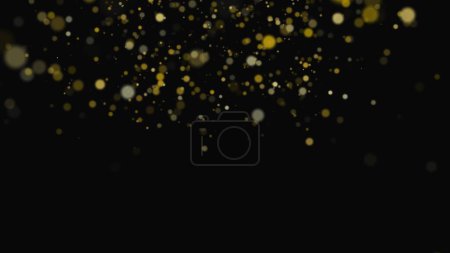 Photo for Glitters of gold color, glittering bokeh on a black background. Golden dust floating in the air. Sparkling glitter, shimmer. Glamor luxury background for holiday, birthday, christmas party - Royalty Free Image