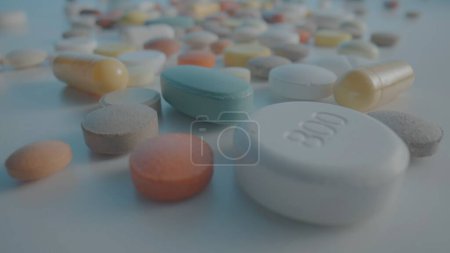 Téléchargez les photos : Various medical pills, capsules and tablets scattered on the table. Brown, white, blue and yellow medicines, painkillers, vitamins or antibiotics close up. Concept of medicine, health, treatment - en image libre de droit