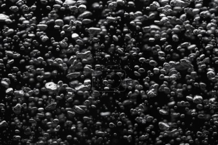 Foto de Una gran cantidad de burbujas de aire brillantes de diferentes tamaños bajo el agua sobre un fondo negro aislado. El primer plano de burbujas de oxígeno iluminadas por la luz fluye hacia arriba. Aireación o filtración de líquido. Flujo mareado de burbujas de aire - Imagen libre de derechos