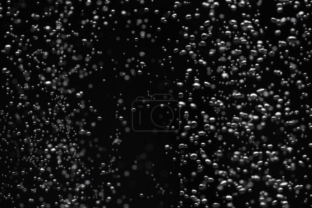 Téléchargez les photos : A lot of shiny air bubbles of different sizes underwater on a black isolated background. Close up of light lit oxygen bubbles flow upwards. Aeration or filtration of liquid. Fizzy flow of air bubbles - en image libre de droit