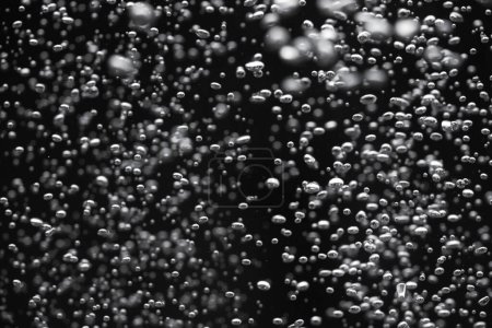Foto de Muchas burbujas de aire brillantes bajo el agua que se elevan desde el fondo e iluminadas por rayos de luz. Corriente de burbujas de oxígeno sobre un fondo negro aislado. Cierre de un líquido burbujeante durante la aireación de - Imagen libre de derechos