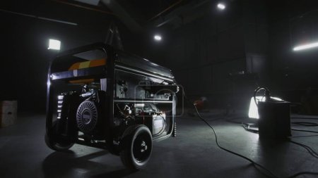 Photo for Black mobile gasoline power generator in a dark workshop. Gasoline powered generator that produces light. Battery equipment connected by wires. Dark empty room with light - Royalty Free Image