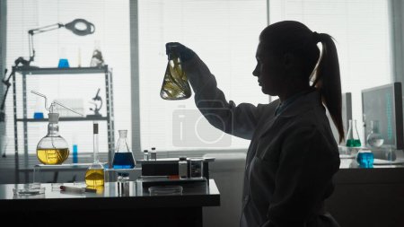 Téléchargez les photos : Une scientifique femelle tient une fiole Erlenmeyer avec une plante à l'intérieur et l'examine. Silhouette sombre d'un scientifique avec une fiole dans les mains dans le laboratoire gros plan. Expérience scientifique - en image libre de droit