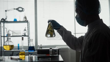 Foto de Un científico masculino sostiene un frasco Erlenmeyer con una planta dentro y lo examina. Silueta oscura de un científico con un frasco en las manos en el laboratorio de cerca. Experimento científico - Imagen libre de derechos