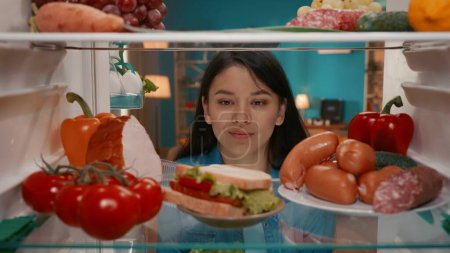 Téléchargez les photos : Une femme asiatique regarde dans le réfrigérateur, examine son contenu. Une femme regarde avec admiration une assiette avec un sandwich. Choix entre des aliments sains et malsains. Vue de l'intérieur - en image libre de droit
