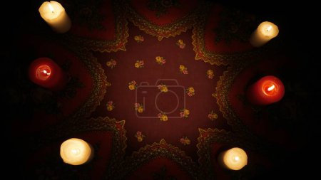 Photo for Close up shot of an empty fortune teller table with ethnic tablecloth and many lighted candles. Space to insert an advertisement. - Royalty Free Image