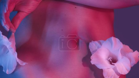 Foto de Cintura de las hembras en vista de cerca siendo suavemente tocado con una flor de gladiolo, una flor más en el lado de la cintura. Esquema de color rosa y azul en contraste, fondo cubierto de sombras suaves. - Imagen libre de derechos