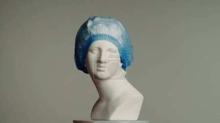 Photo for Closeup shot of beautiful ancient goddess Venus marble statue in medical cap. Portrait of roman era female bust on a platform. Isolated on grey background. Creative abstract concept. - Royalty Free Image