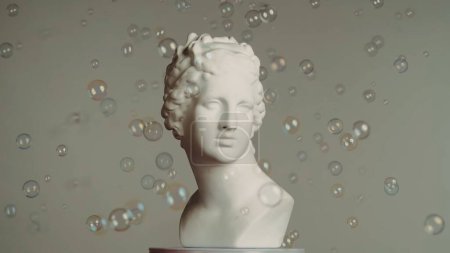 Photo for Closeup shot of ancient Venus marble statue soap bubbles flying around. Portrait of roman era female bust. Isolated on grey background. Creative abstract concept. - Royalty Free Image