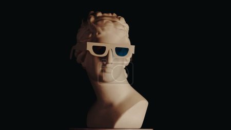 Photo for Closeup shot of ancient goddess Venus marble statue in 3d glasses. Portrait of roman era female bust on a platform. Isolated on black background. Creative abstract concept. - Royalty Free Image