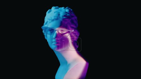 Photo for Closeup shot of ancient goddess Venus marble statue in glasses in neon light. Portrait of roman era female bust. Isolated on black background. Creative abstract concept. - Royalty Free Image