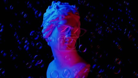Photo for Closeup shot of ancient goddess statue in glasses, soap bubbles flying around. Portrait of roman era female bust. Isolated on black background. Creative abstract concept. - Royalty Free Image