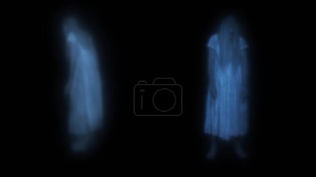 Photo for Full-size shot capturing two female figures, poltergeist, ghost silhouettes, hologram in front and side view. Black background. Mock up to insert in your clip, advertisement. Horror, paranormal - Royalty Free Image