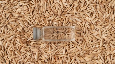 Photo for Hazardous chemicals in the agricultural industry. Closeup shot of wheat grains background and transparent glass bottle with liquid. - Royalty Free Image