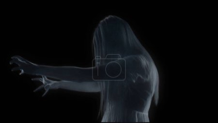 Photo for Medium side view shot of a glitchy female figure, ghost, poltergeist, hologram pulling her hands out. Black background. Mock up to insert in your clip, advertisement. Horror, paranormal. - Royalty Free Image
