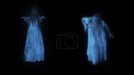 Photo for Full-size shot capturing two female figures, poltergeist, ghost silhouettes, hologram standing in front view. Black background. Mock up to insert in your clip, advertisement. Horror, paranormal. - Royalty Free Image