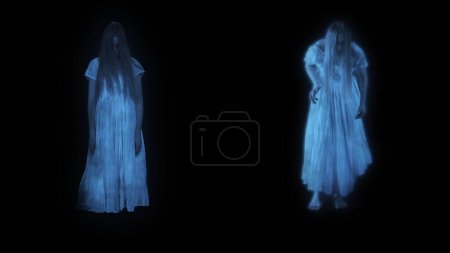 Photo for Full-size shot capturing two female figures, poltergeist, ghost silhouettes, hologram standing in front view. Black background. Mock up to insert in your clip, advertisement. Horror, paranormal. - Royalty Free Image