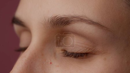 Photo for Skin texture and eyecare beauty creative advertisement concept. Portrait vision, macro shot of attractive caucasian woman model face part. Closeup of female closed eyes, forehead and skin texture. - Royalty Free Image