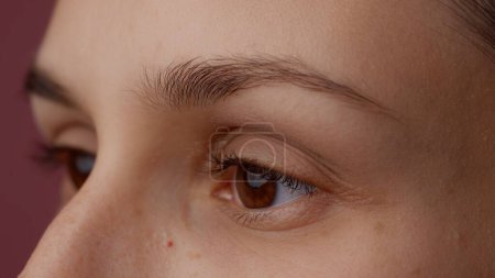 Photo for Skin texture and eyecare beauty creative advertisement concept. Portrait vision, macro shot of attractive woman model face part. Closeup of female open eyes, with brown iris, forehead and skin texture - Royalty Free Image