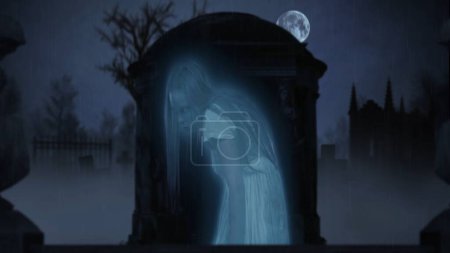 Photo for Graveyard, cemetery. Ghost stands in the center of the frame. Statues on the sides, huge tombstone, gravestone. Halloween, spooky season. Clip for your advertisement or creative content. - Royalty Free Image