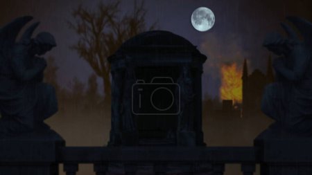 Photo for Photo background of a graveyard, cemetery set on fire. Statues on the sides, huge tombstone, gravestone on the foreground. Halloween, spooky season. Clip for your advertisement or creative content. - Royalty Free Image