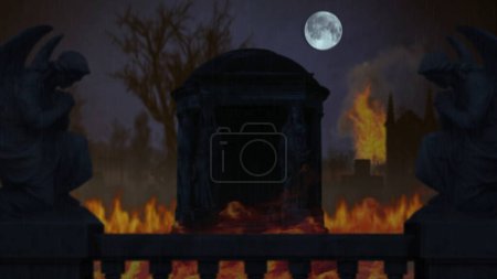 Photo for Photo background of a graveyard, cemetery set on fire. Statues on the sides, huge tombstone, gravestone on the foreground. Halloween, spooky season. Clip for your advertisement or creative content. - Royalty Free Image