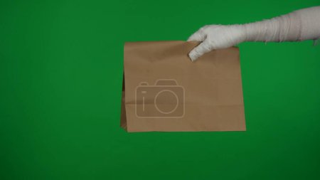 Photo for Detail green screen isolated chroma key photo capturing mummys hand bringing a delivery package, paper bag into the frame. Mock up, workspace for your promotion clip or advertisement, services. - Royalty Free Image