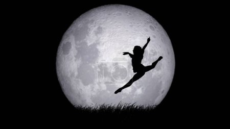 Foto de Ballet en la luna llena concepto de arte de fondo. Retrato de un hermoso bailarín masculino. Hombre bailarín de ballet profesional haciendo split salto coreografía contra luna llena fondo. - Imagen libre de derechos