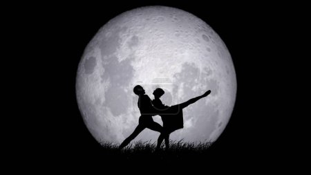 Photo for Ballet on the full moon background art concept. Portrait of adult professional dancers. Male and female classical ballet artists performing choreography element on full moon background. - Royalty Free Image