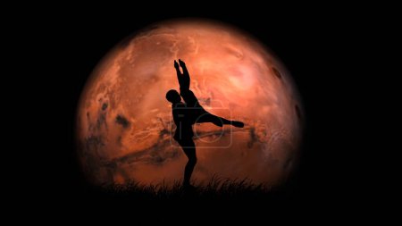 Photo for Ballet on the full moon background art concept. Portrait of adult professional dancers. Graceful male and female ballet artists performing choreography on red planet background. - Royalty Free Image
