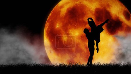 Photo for Ballet on the full moon background art concept. Portrait of beautiful professional dancers. Close up shot of ballet artists posing on big orange moon and clouds background, dramatic scene. - Royalty Free Image