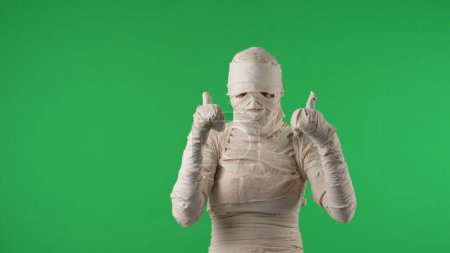 Photo for Green screen isolated chroma key photo capturing a mummy giving a thumbs up, encouraging and recommending the product. Halloween holidays. Mock up, workspace for your promotion clip or advertisement. - Royalty Free Image