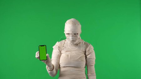 Photo for Green screen isolated chroma key photo capturing a creepy mummy holding a smartphone with an advertising area, workspace mock up for your promotion clip or product advertisement. Halloween holidays. - Royalty Free Image