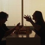 Everyday life and people relationships concept. Portrait of couple in cafeteria. Silhouette of man and girl sitting at the bistro bar, angry shouting at each other, aggressive atmosphere.