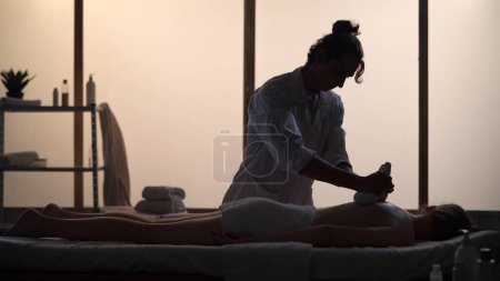 Téléchargez les photos : Masseur, spécialiste du massage donnant un massage à son patient à l'aide de sacs à base de plantes. Silhouettes d'une femme et d'un homme dans la salle de massage, procédure spa. Soins de santé, traitement médical, thérapie holistique. - en image libre de droit