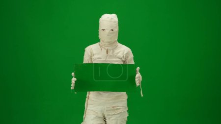 Photo for Green screen isolated chroma key photo capturing a creepy mummy holding a green screen banner. Mock up for your promotion clip or advertisement. Medium size. - Royalty Free Image