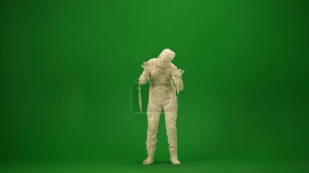 Una momia envuelta en vendajes posa en una pose aterradora. Tecla de croma aislada de pantalla verde. Mock up, espacio de trabajo, publicidad. Longitud total. Halloween vacaciones.